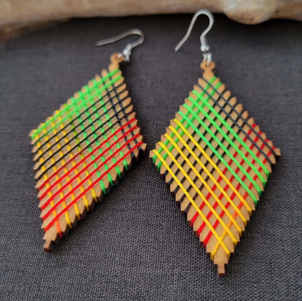Handmade Multicolor Geometric Wooden Earrings - Picture 4 of 7
